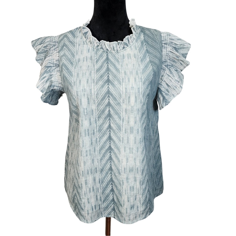THML Size Small Light‎ Blue Flutter Sleeve Ruffled Neckline 100% Cotton Blouse